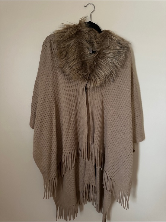 attention Sweaters - attention Taupe Knit Poncho with Faux Fur Collar